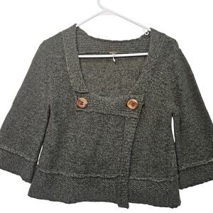 Free People Green Flecked Wool Cardigan Sweater Wooden Buttons Small Boho